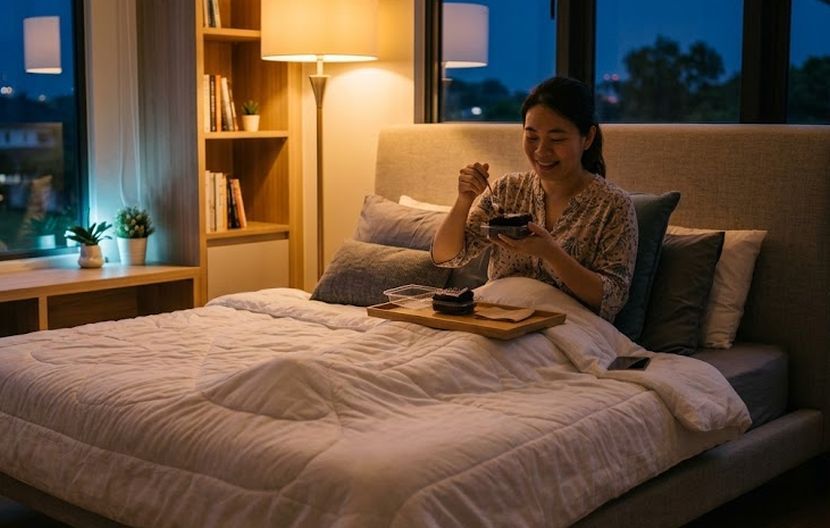 Menikmati hidangan kek lembab pada waktu malam dapat menghiburkan sesiapa sahaja. -Gambar hiasan AI