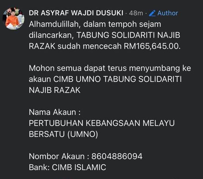 Hantaran perkembangan baharu yang dibuat beliau di ruangan komen.