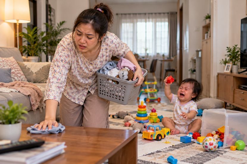 Menguruskan anak sambil mengemas amat memenatkan. -Gambar hiasan AI