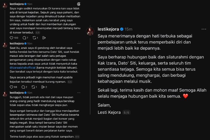 Kenyataan Lesti sebelum ini dimuat naik di Threads miliknya.