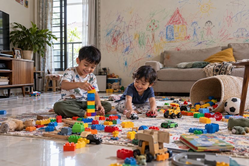 Kebanyakan ibu bapa pasti pernah berhadapan dengan situasi rumah berselerak dan dinding penuh 'karya'. -Gambar hiasan AI